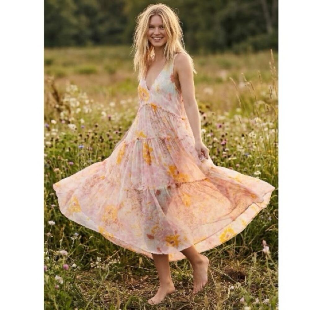 Free People Ethereal Femme Billowy Julianna Maxi dress Sheer Floral Medium